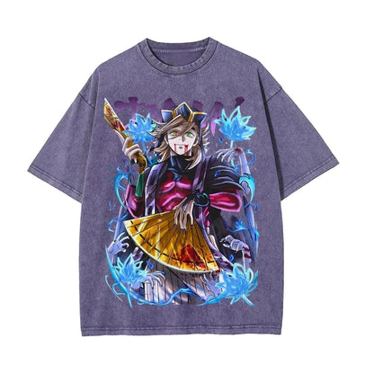 Demon Slayer Men's and Women's Washed T-Shirt Douma Summer and Spring New Anime Tee Retro Distressed Oversize Short Sleeve