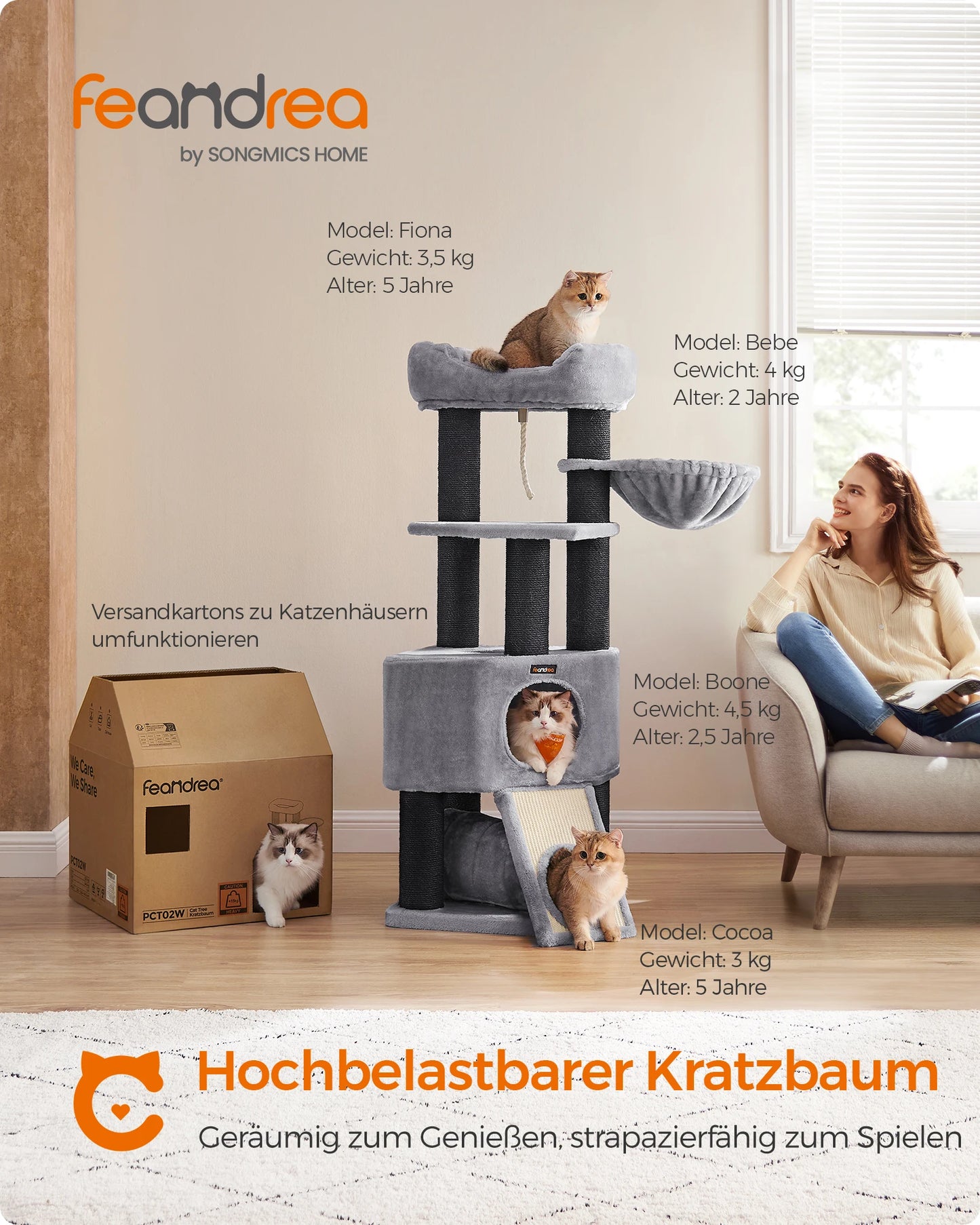 FEANDREA scratching post larger 141cm thick column stable tilt guard cat tree