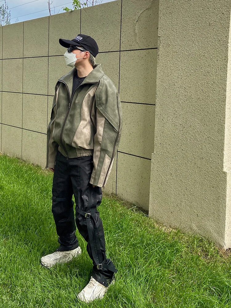 Mauroicardi Spring Autumn Cool Handsome Windproof Oversized Distressed Patchwork Pu Leather Jacket Men Zip Up European Fashion