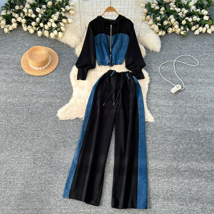 Neploe Spring Hong Kong Style Casual Set Coat Pullover Hoody Panelled High Waist Wid Leg Pants Denim Lace Up Moda Suit Trousers