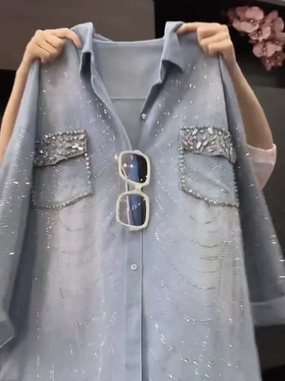 Luxury Style Sparkle Diamonds Stitch Pocket Denim Jacket For Women's Oversized Fashion Spring Autumn Thin Denim Cardigan Coat