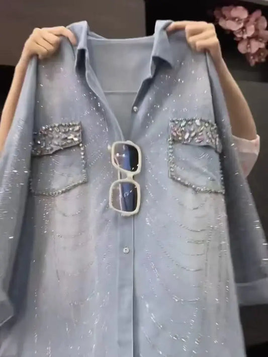 Luxury Style Sparkle Diamonds Stitch Pocket Denim Jacket For Women's Oversized Fashion Spring Autumn Thin Denim Cardigan Coat