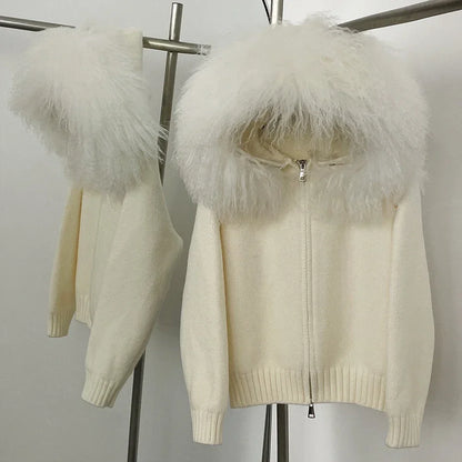 OFTBUY Real Mongolian Fur Knitwear Coat Women Cardigan Natural Fox Fur Coat Female Spring Autumn Hooded Knitted Fur Jacket
