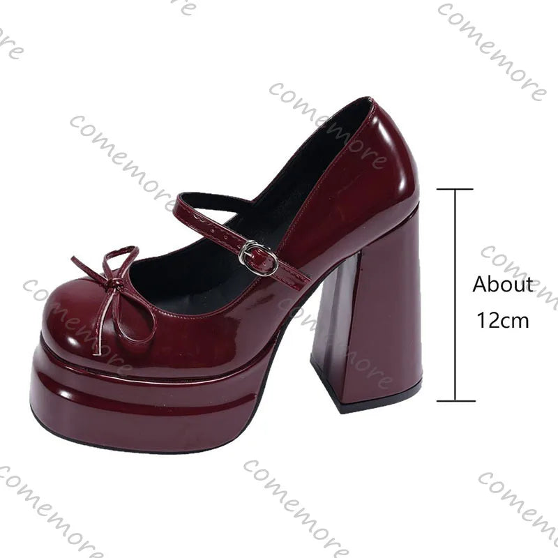 Comemore Platform Square High Heel Women's Mary Jane Shoes Fashion Butterfly-knot Shoes Spring Autumn Wedding Party Pumps Shoes