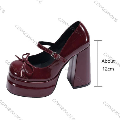 Comemore Platform Square High Heel Women's Mary Jane Shoes Fashion Butterfly-knot Shoes Spring Autumn Wedding Party Pumps Shoes