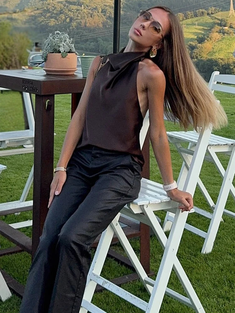 HH Spring Elegant Women Satin Halter Tops 2026 Summer Backless Off Shoulder Corset Vest Female Fashion Slim Crop Tank Top