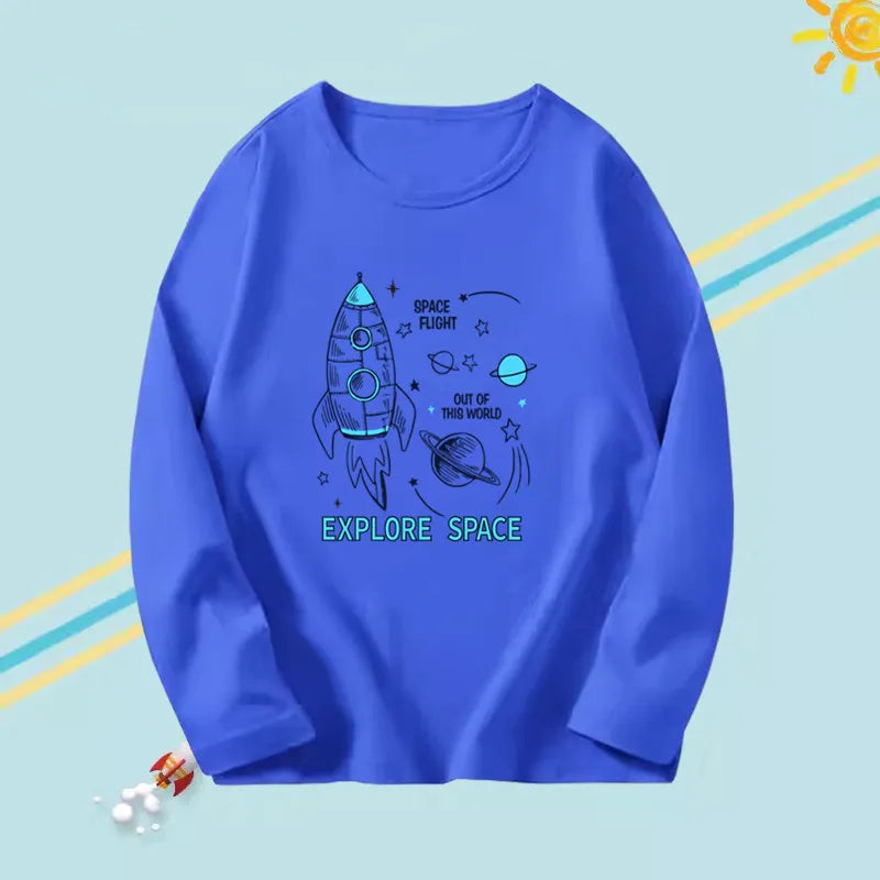 2023 Boys Autumn T-shirts Cartoon Steamer T-shirt for Boy Autumn Long Sleeve O-Neck T-shirts Children's Autumn Spring Cotton Tee