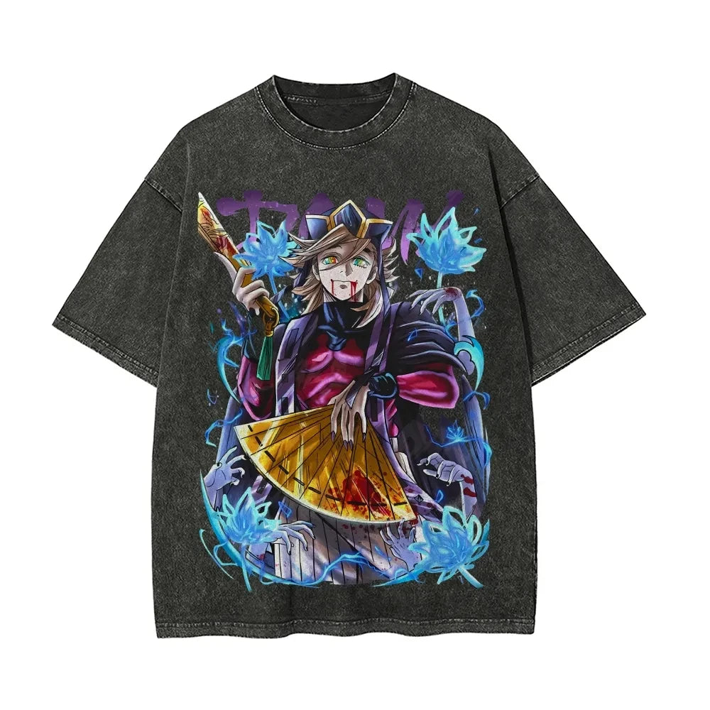 Demon Slayer Men's and Women's Washed T-Shirt Douma Summer and Spring New Anime Tee Retro Distressed Oversize Short Sleeve