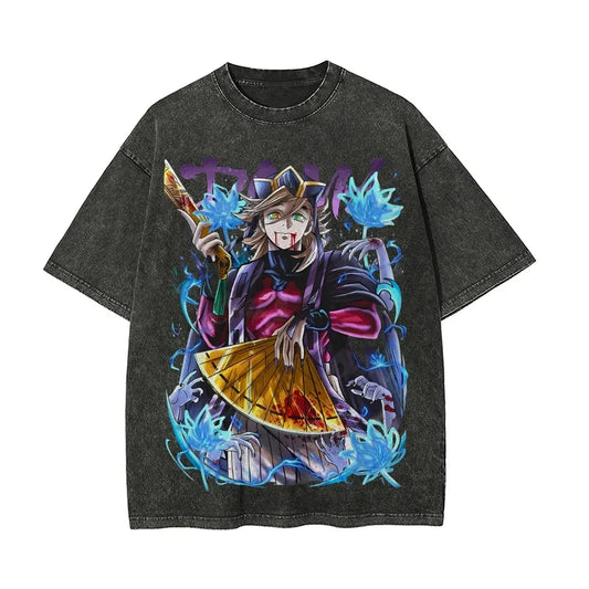 Demon Slayer Men's and Women's Washed T-Shirt Douma Summer and Spring New Anime Tee Retro Distressed Oversize Short Sleeve