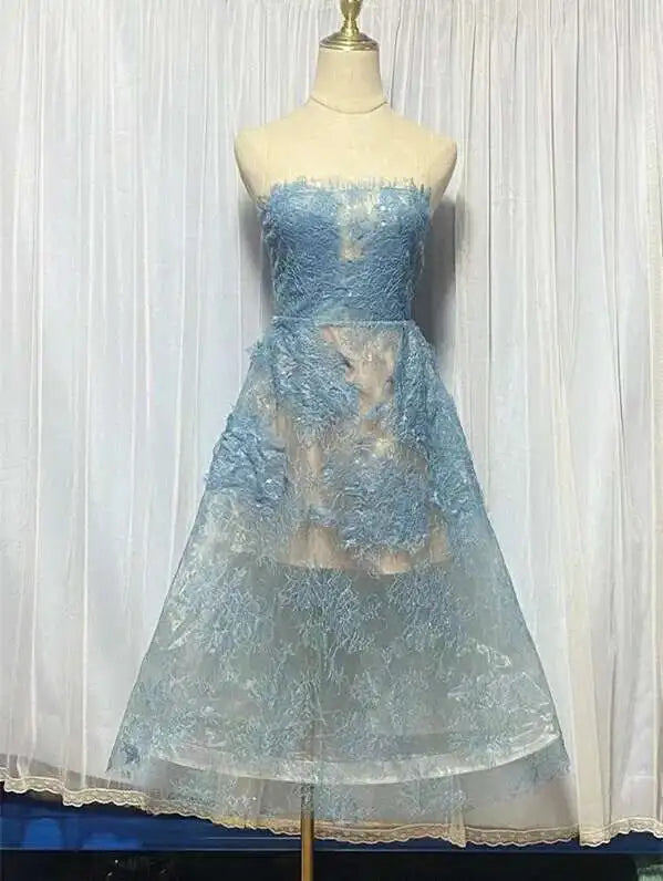 UCXQ Korean Style 3D Flower Sequin Lace Strapless Dress Elegant Multi-color Mesh Long Dresses Women 2025 New Spring Summer A7877