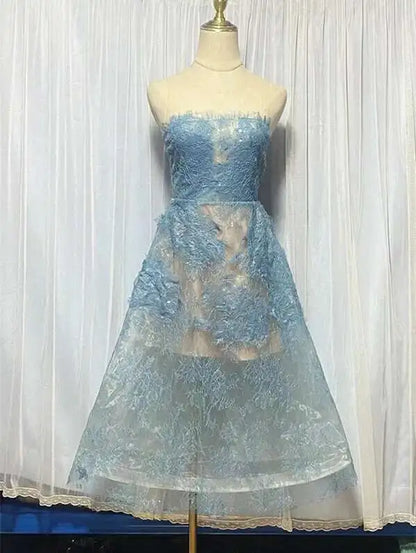 UCXQ Korean Style 3D Flower Sequin Lace Strapless Dress Elegant Multi-color Mesh Long Dresses Women 2025 New Spring Summer A7877