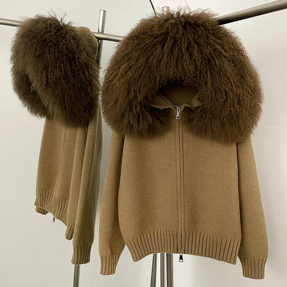 OFTBUY Real Mongolian Fur Knitwear Coat Women Cardigan Natural Fox Fur Coat Female Spring Autumn Hooded Knitted Fur Jacket