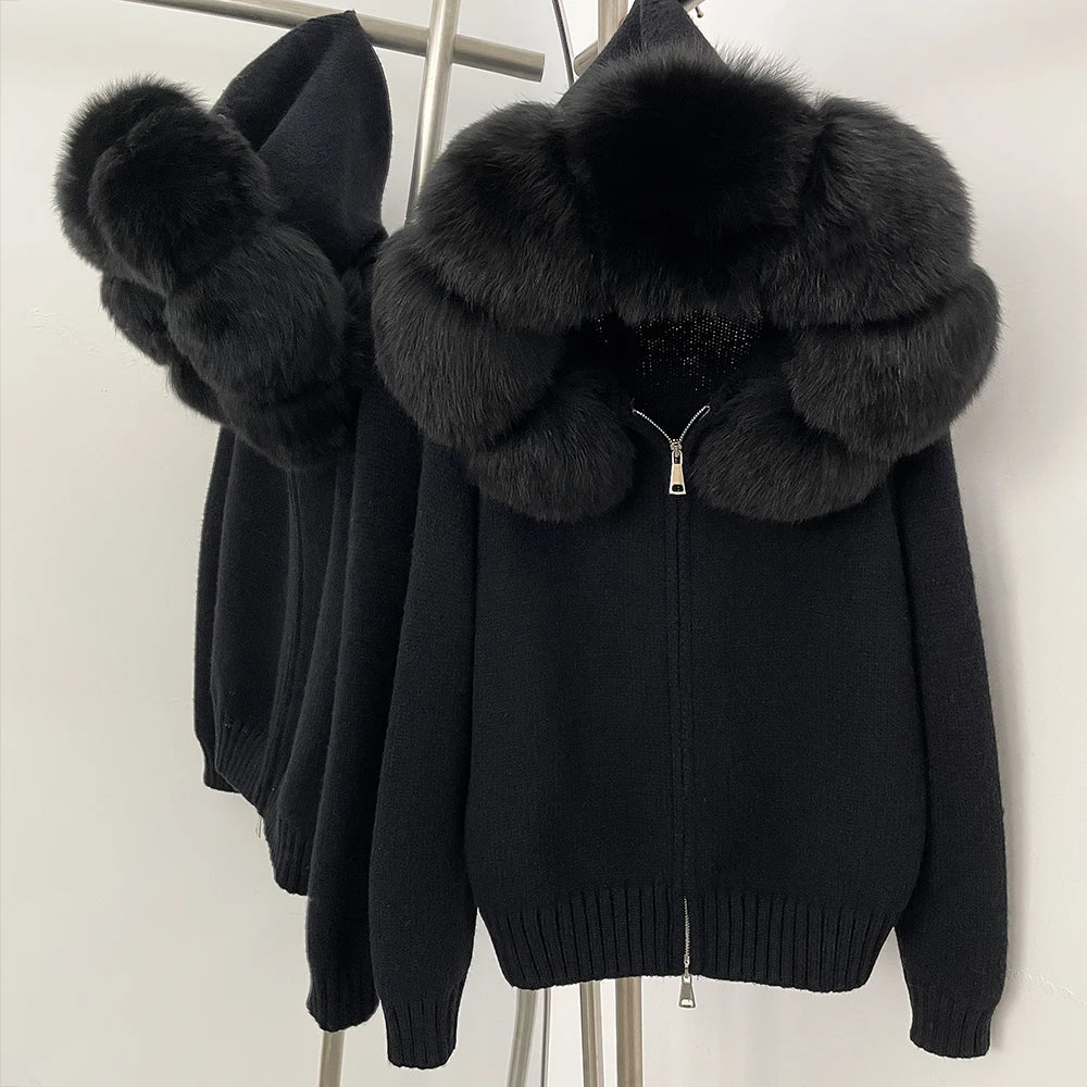 OFTBUY Real Mongolian Fur Knitwear Coat Women Cardigan Natural Fox Fur Coat Female Spring Autumn Hooded Knitted Fur Jacket