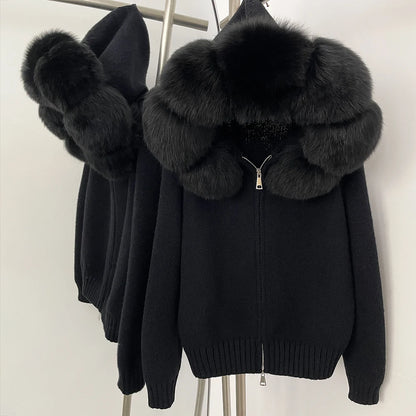 OFTBUY Real Mongolian Fur Knitwear Coat Women Cardigan Natural Fox Fur Coat Female Spring Autumn Hooded Knitted Fur Jacket