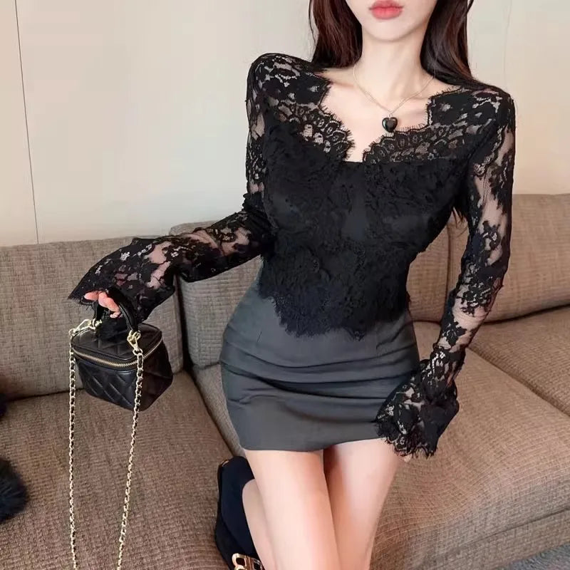 Bla Lace Floral Hollow out V-Ne Long Sve Women's Base irt Slim Fit Spring Autumn High Quali Sexy Top Korean Sle