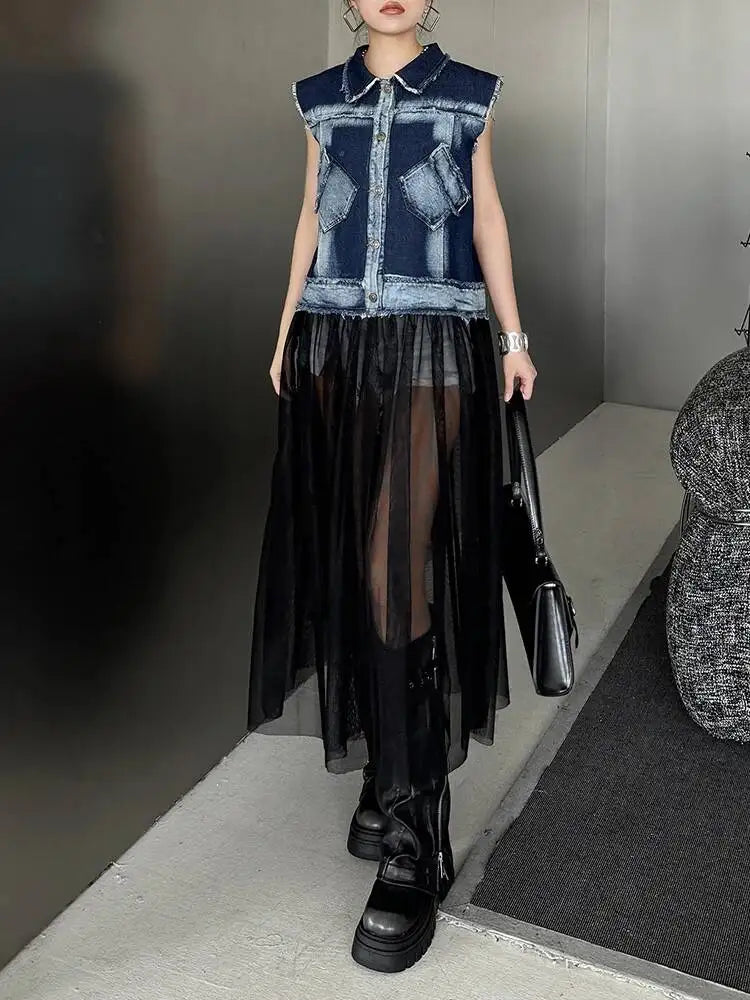 EAM Women Blue Denim Burr Mesh Color-block Big Size Blouse New Lapel Sleeveless Shirt Fashion Tide Spring Autumn 2026 1DJ2069