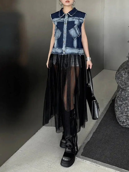 EAM Women Blue Denim Burr Mesh Color-block Big Size Blouse New Lapel Sleeveless Shirt Fashion Tide Spring Autumn 2026 1DJ2069