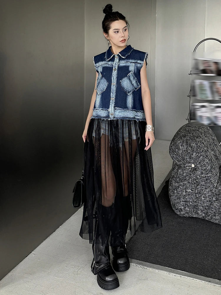 EAM Women Blue Denim Burr Mesh Color-block Big Size Blouse New Lapel Sleeveless Shirt Fashion Tide Spring Autumn 2026 1DJ2069