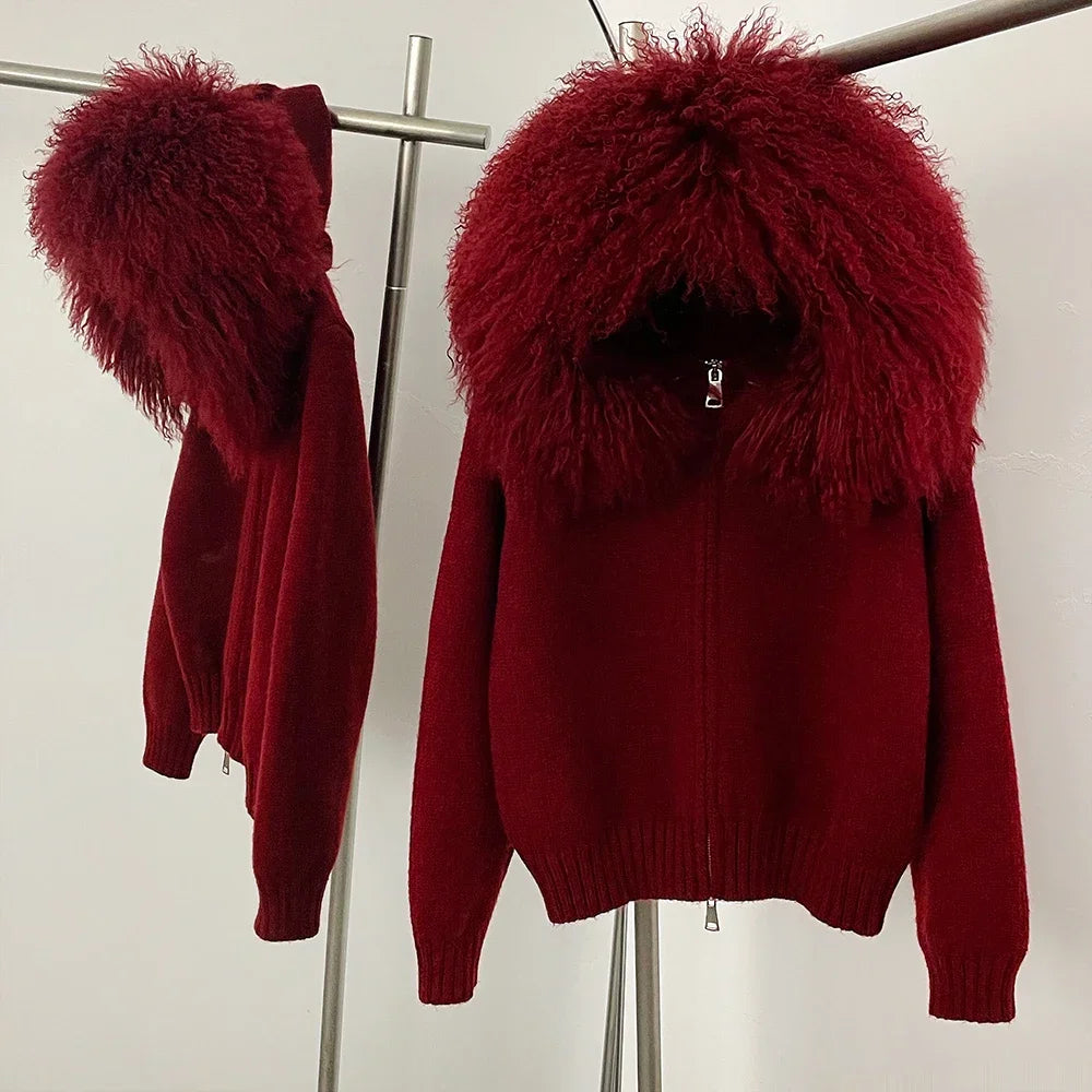 OFTBUY Real Mongolian Fur Knitwear Coat Women Cardigan Natural Fox Fur Coat Female Spring Autumn Hooded Knitted Fur Jacket