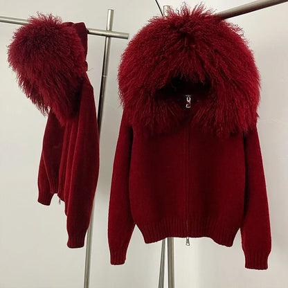 OFTBUY Real Mongolian Fur Knitwear Coat Women Cardigan Natural Fox Fur Coat Female Spring Autumn Hooded Knitted Fur Jacket