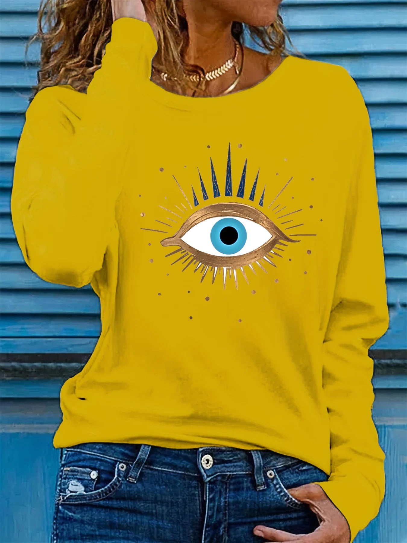 100% pure cotton women's spring and autumn loose comfortable eye pattern printed long sleeved round neck T-shirt