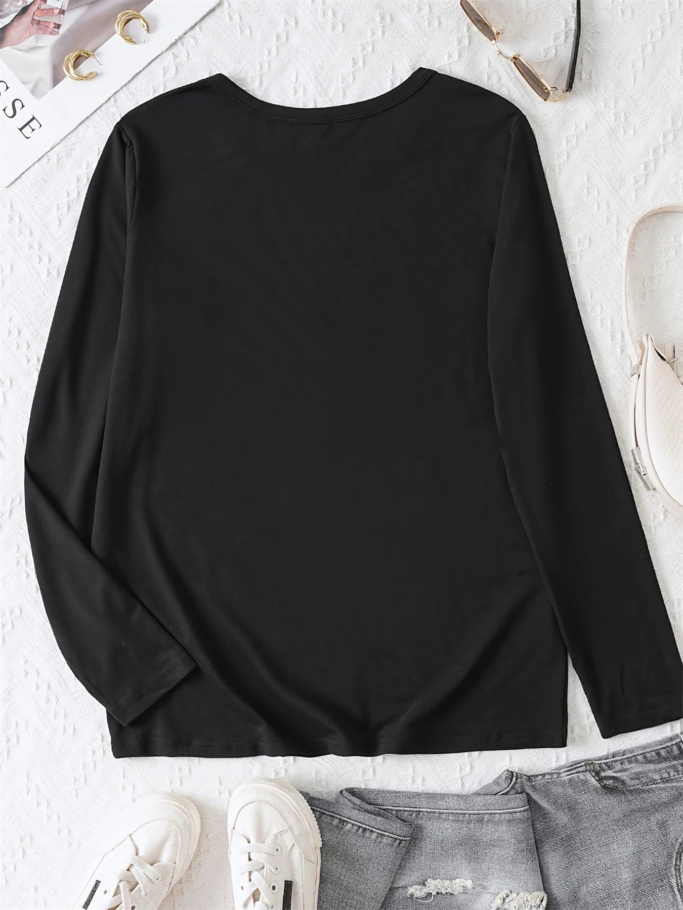 100% pure cotton women's spring and autumn loose comfortable eye pattern printed long sleeved round neck T-shirt