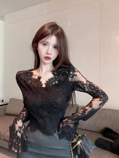 Bla Lace Floral Hollow out V-Ne Long Sve Women's Base irt Slim Fit Spring Autumn High Quali Sexy Top Korean Sle