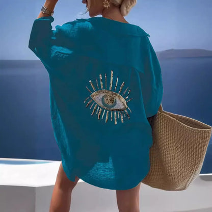 Casual Beach 3D Print Loose Shirts For Women 2024 Summer Fashion Long Sleeve Cotton Blouse Ladies Tops Elegant