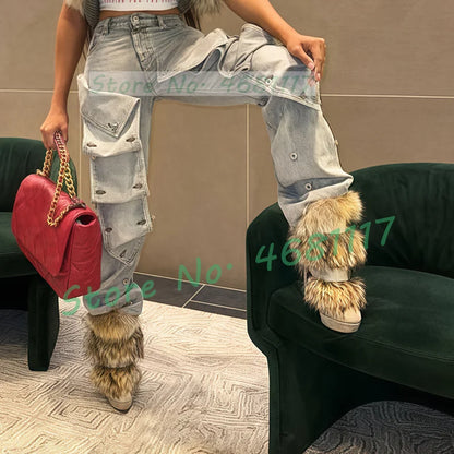 Beige Suede Leather Fur Ankle Boots Women Luxury Buckle Strap Platform Boots Female Spring High Heels Chic Round Toe Shoes