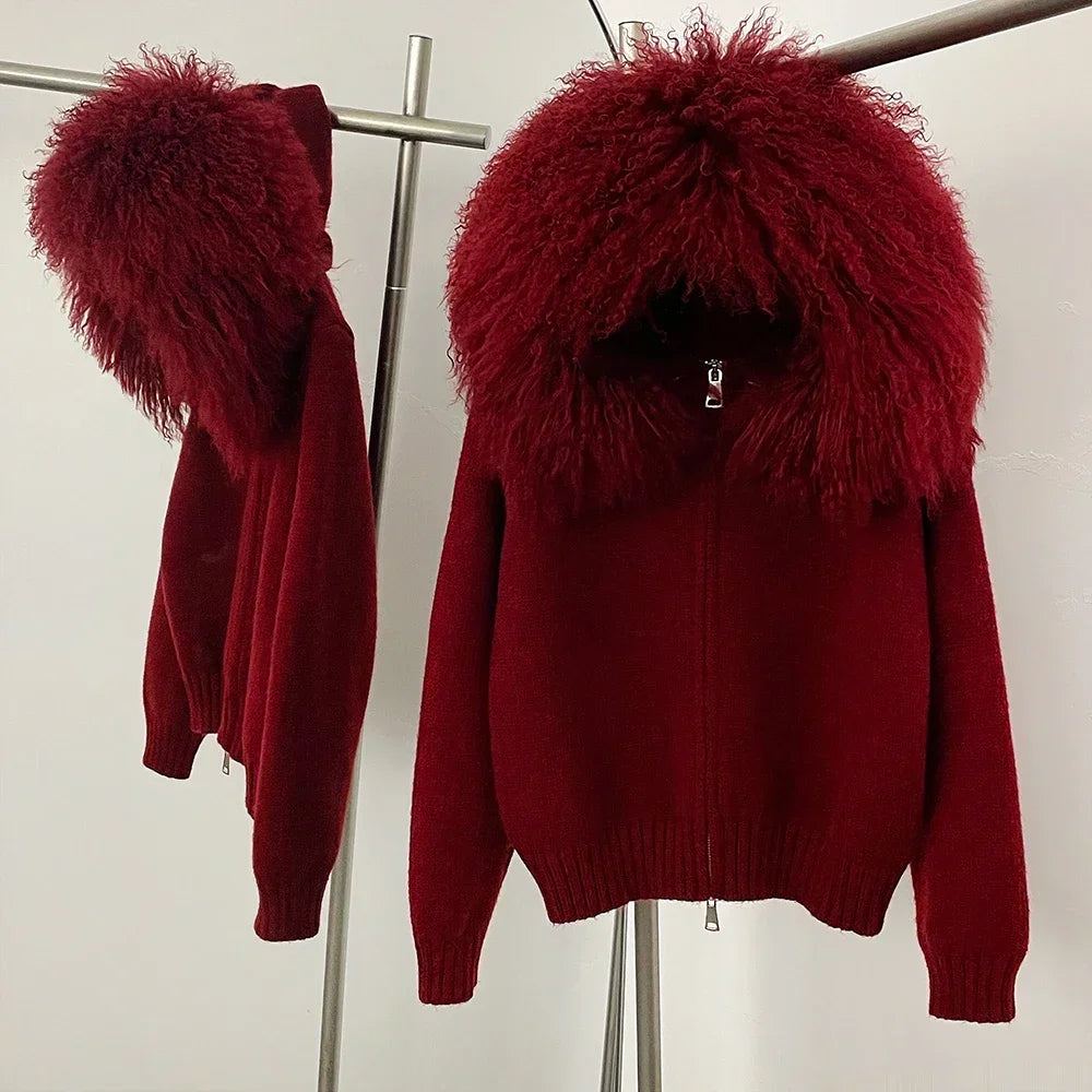 OFTBUY Real Mongolian Fur Knitwear Coat Women Cardigan Natural Fox Fur Coat Female Spring Autumn Hooded Knitted Fur Jacket