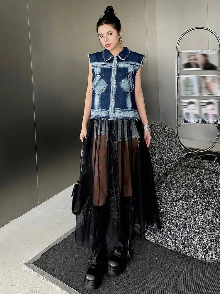 EAM Women Blue Denim Burr Mesh Color-block Big Size Blouse New Lapel Sleeveless Shirt Fashion Tide Spring Autumn 2026 1DJ2069