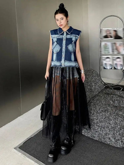 EAM Women Blue Denim Burr Mesh Color-block Big Size Blouse New Lapel Sleeveless Shirt Fashion Tide Spring Autumn 2026 1DJ2069
