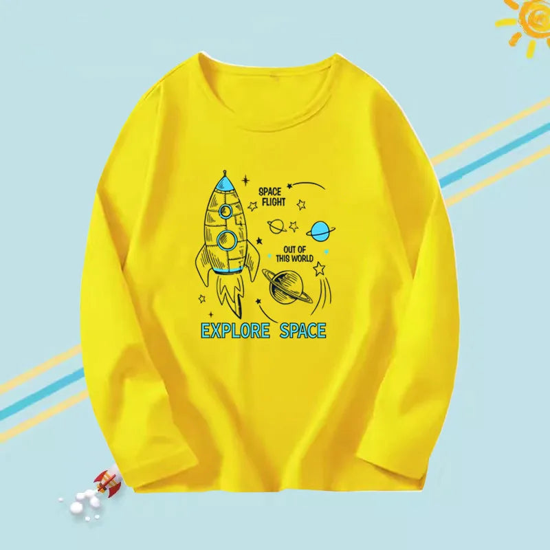 2023 Boys Autumn T-shirts Cartoon Steamer T-shirt for Boy Autumn Long Sleeve O-Neck T-shirts Children's Autumn Spring Cotton Tee