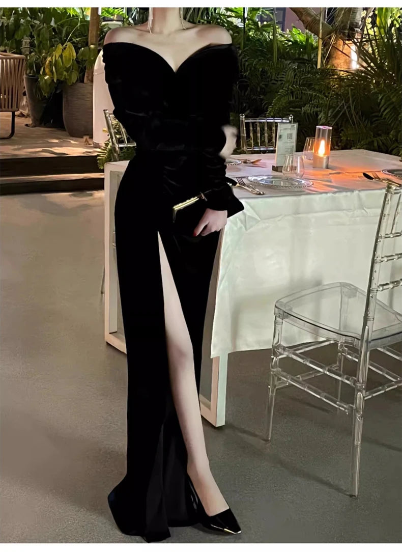 Lautaro Spring Long Sexy Black Stretchy Fitted Birthday Party Evening Dresses for Women Luxury Elegant Off the Shoulder Clothing