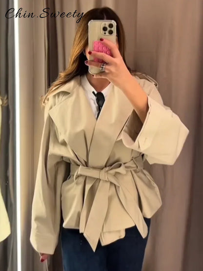 Fashion Lace Up Ruched Trench Coat Women Solid Loose Lapel Full Sleeve Jackets Female 2025 Spring Autumn Lady Commute Coats New