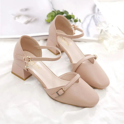 women classic high quality spring & summer buckle strap hollow out square heel shoes lady casual apricot office heels ca87