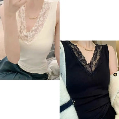 Spring Autumn Women's Slim Fit Lace Trim V-Ne Strap Vest Top Svel Inner Wear Base Layer Sweet Sle Elastic Fiber