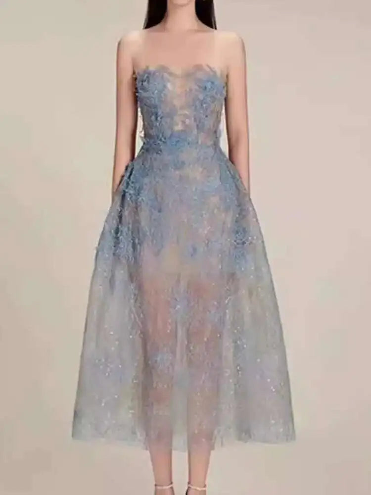 UCXQ Korean Style 3D Flower Sequin Lace Strapless Dress Elegant Multi-color Mesh Long Dresses Women 2025 New Spring Summer A7877
