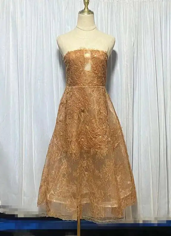 UCXQ Korean Style 3D Flower Sequin Lace Strapless Dress Elegant Multi-color Mesh Long Dresses Women 2025 New Spring Summer A7877
