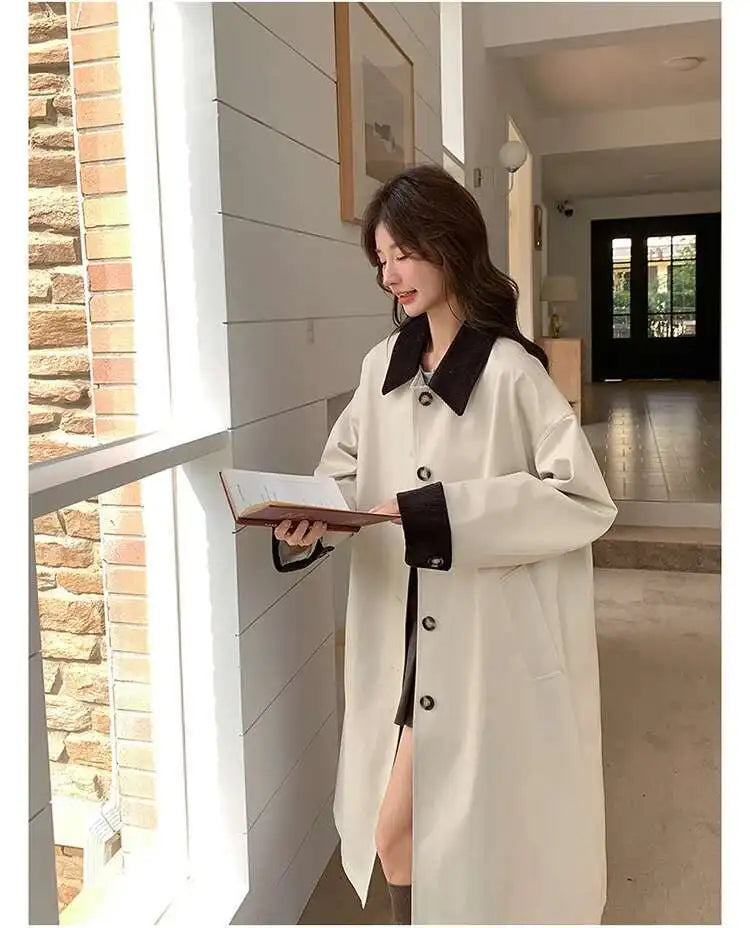 LANMREM Women Trench Coat Korean Style New Lapel Long Sleeve Loose Single Breasted Windbreaker Fashion Tide Spring 2025 2DE118