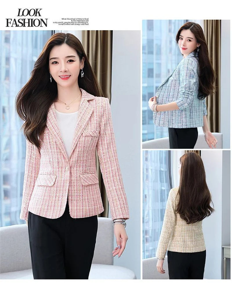 2025 Fashion Tweed Short Jacket Women's Plaid Blazers Coarse Woolen Coat Spring Autumn Casual Tops Slim Small Suit Jackets Lady