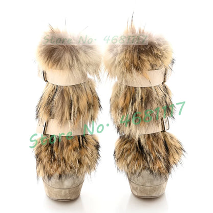 Beige Suede Leather Fur Ankle Boots Women Luxury Buckle Strap Platform Boots Female Spring High Heels Chic Round Toe Shoes
