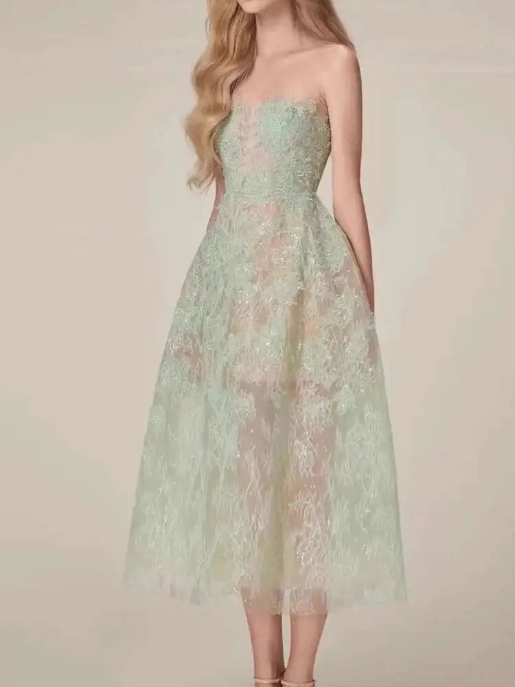 UCXQ Korean Style 3D Flower Sequin Lace Strapless Dress Elegant Multi-color Mesh Long Dresses Women 2025 New Spring Summer A7877