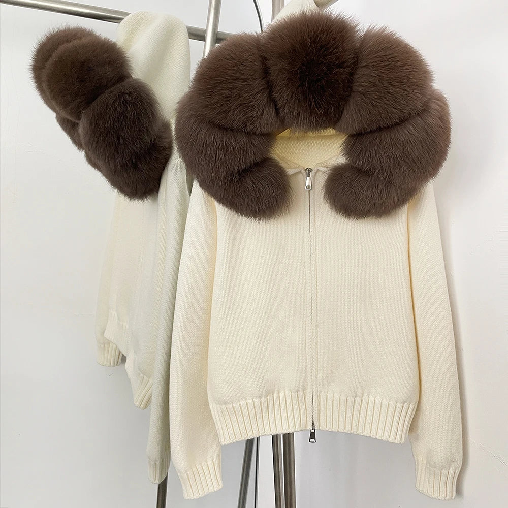 OFTBUY Real Mongolian Fur Knitwear Coat Women Cardigan Natural Fox Fur Coat Female Spring Autumn Hooded Knitted Fur Jacket
