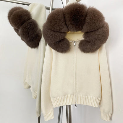 OFTBUY Real Mongolian Fur Knitwear Coat Women Cardigan Natural Fox Fur Coat Female Spring Autumn Hooded Knitted Fur Jacket