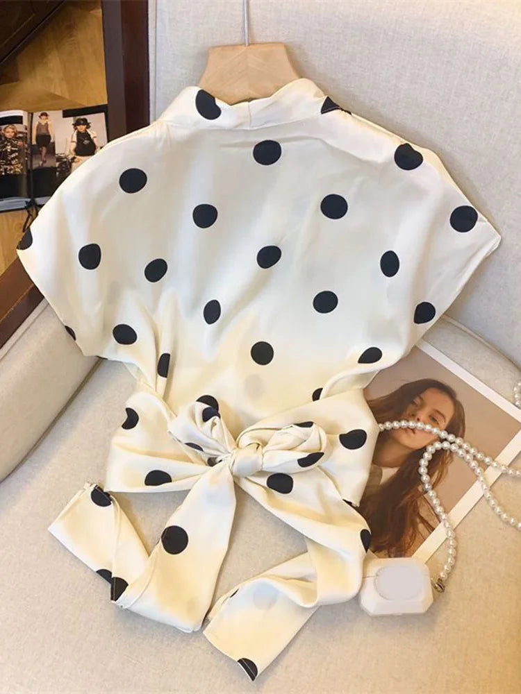 Sexy Cropped Dot Shirt Women Vintage Slim V Neck Short Sleeve Design Blouse French Retro Casual Bow Lace Up Summer Elegant Tops