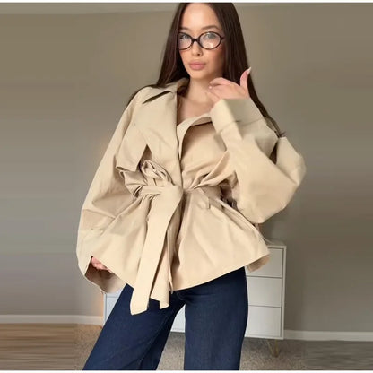 Fashion Lace Up Ruched Trench Coat Women Solid Loose Lapel Full Sleeve Jackets Female 2025 Spring Autumn Lady Commute Coats New