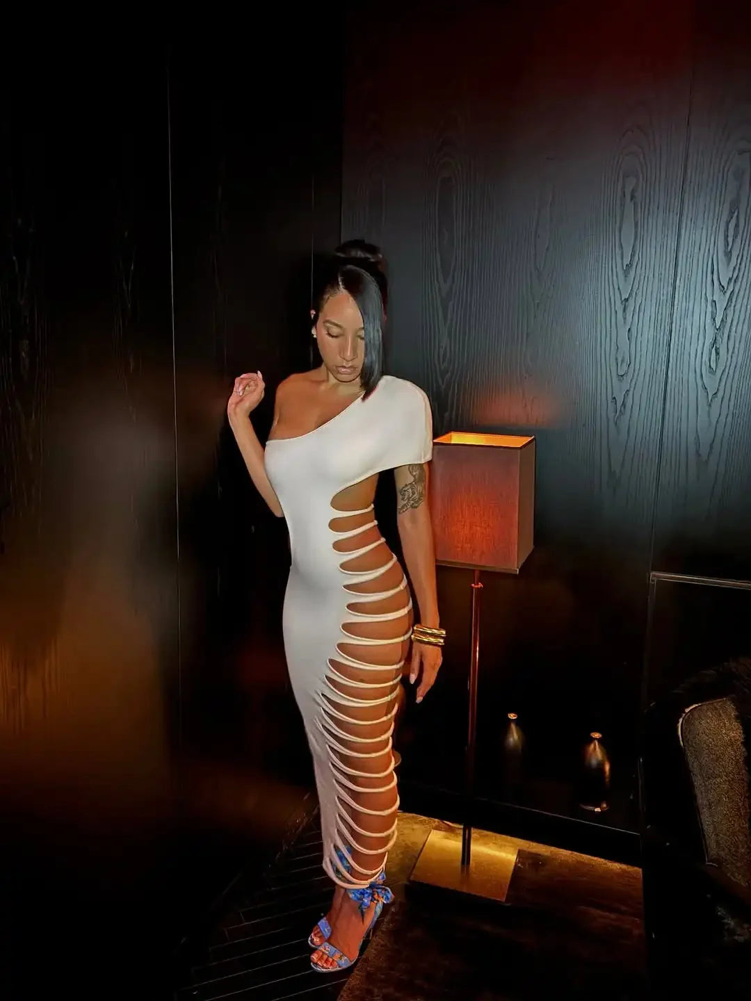 Sexy Solid Hollow Out Bodycon Dress Women One-shoulder Elegant A-line Belted Fit-and-flare Vestidos Lady Light Social Gowns 2026