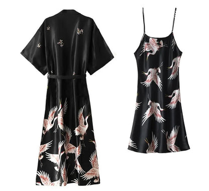 Sexy Nightwear Gown Set Women 2PC Pyjama V-Neck Pajamas Silky Sleepwear Spring Lady Sleep Suit Robe Wear Home Negligee Homewear
