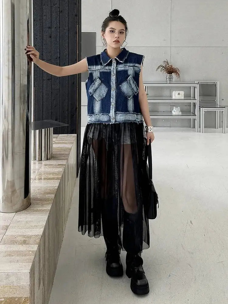 EAM Women Blue Denim Burr Mesh Color-block Big Size Blouse New Lapel Sleeveless Shirt Fashion Tide Spring Autumn 2026 1DJ2069